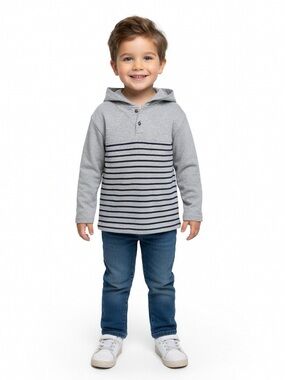 Boys’ Grey Hooded Pullover with Navy Stripes